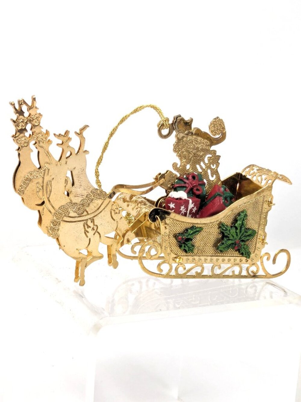 Danbury Mint Gold Ornament Santas Sleigh w Painted Gifts & Holly 23K Plated 90s